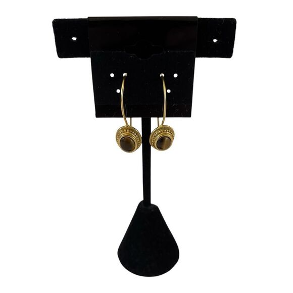 Elegant Vintage Stamped Antiqued Gold Tone Tigers Eye Drop Earrings. - Picture 1 of 7